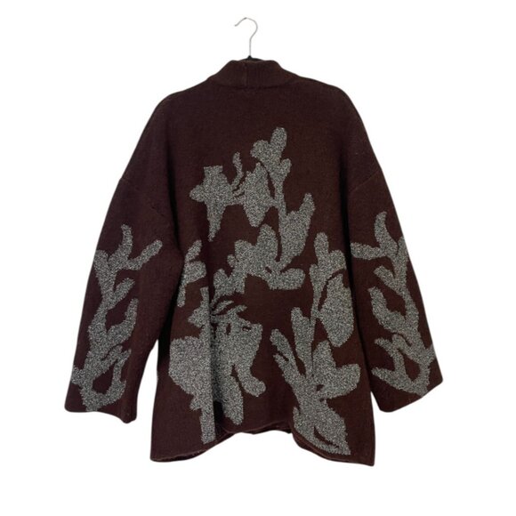 Zara Women Sweater Cardigan Coat L XL Wine Metallic Thread Jacquard 2756/128 NWT - Picture 4 of 15